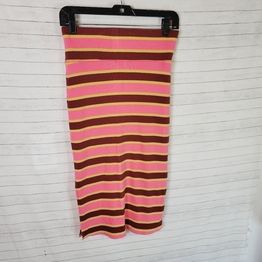 AERIE RIBBED STRIPED PULL ON MIDI SKIRT, SZ MEDIUM